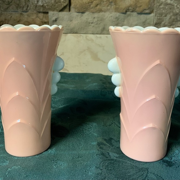 Vintage Art Deco Pink Milk Glass Vase Set of 2 - Picture 2 of 6